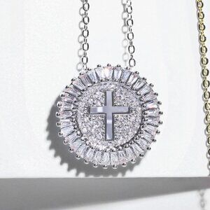 New silver sparkling diamond cross medal necklace